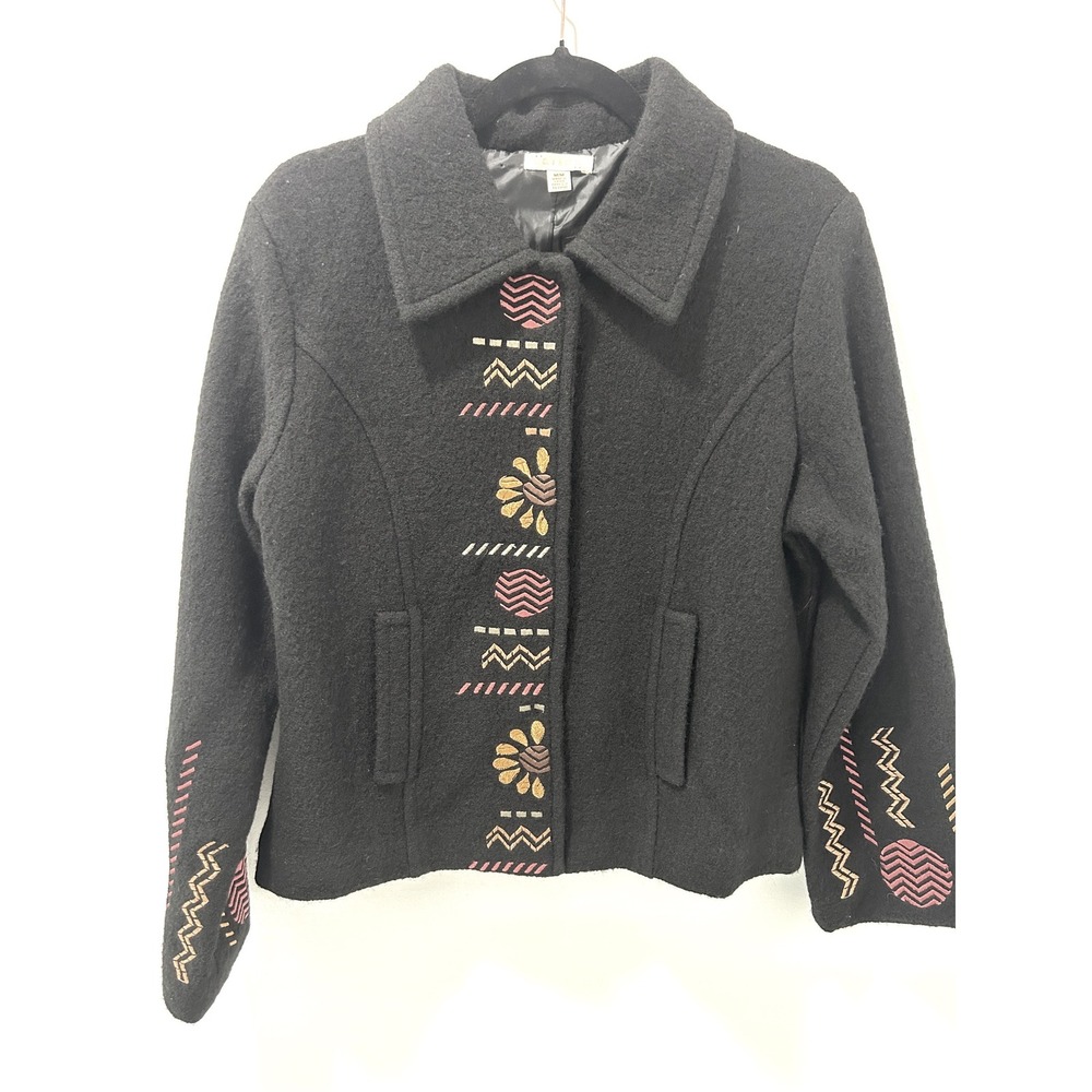 Carson Black 100% Wool Embroidered Jacket Women Medium Boho Geometric Floral
